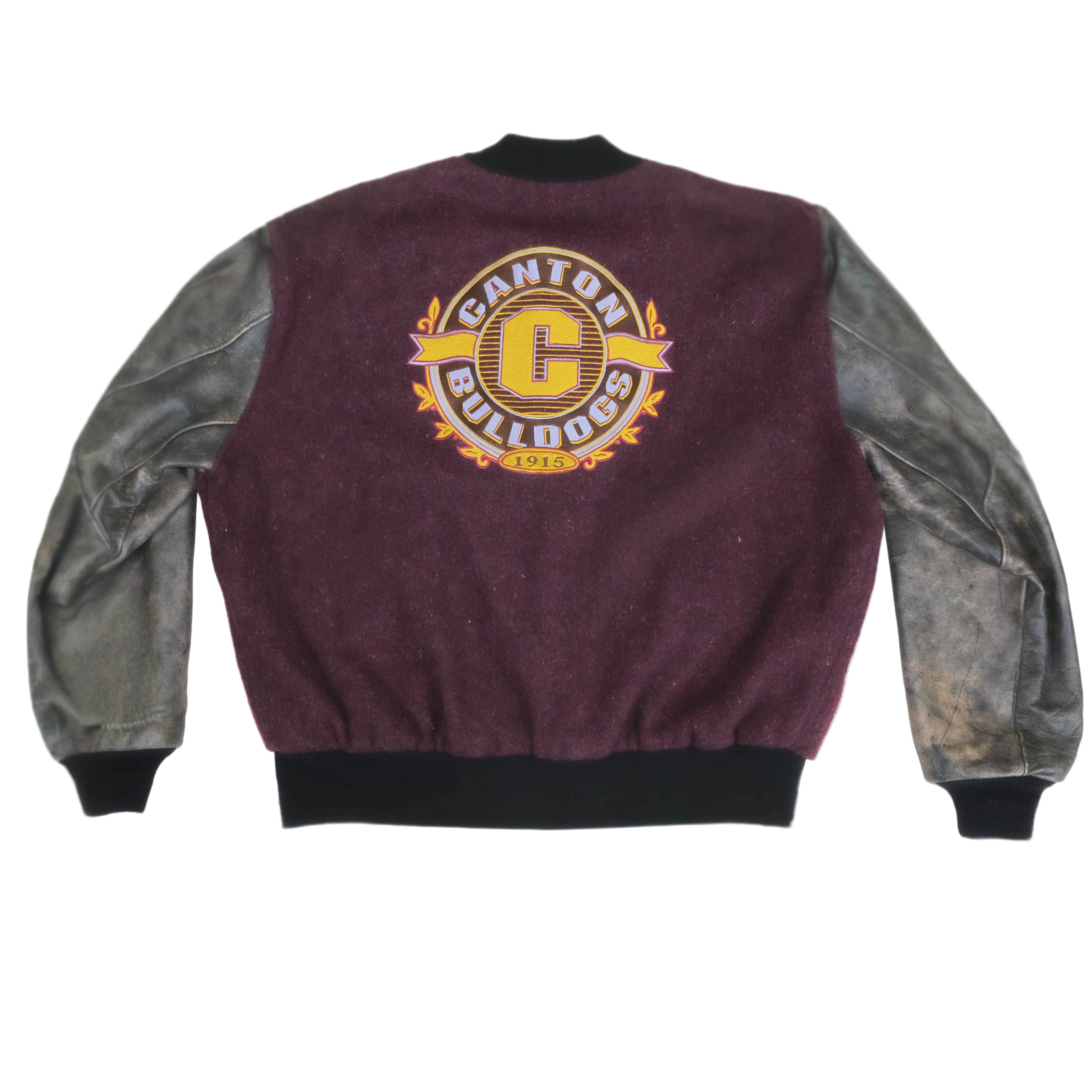 Varsity jacket with 'Canton Bulldogs' logo on a white background